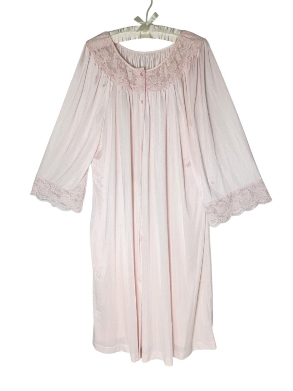 Vintage Gilead Nylon Pink Button Up Robe Housecoat 2XL Lace Trim Cottage READ